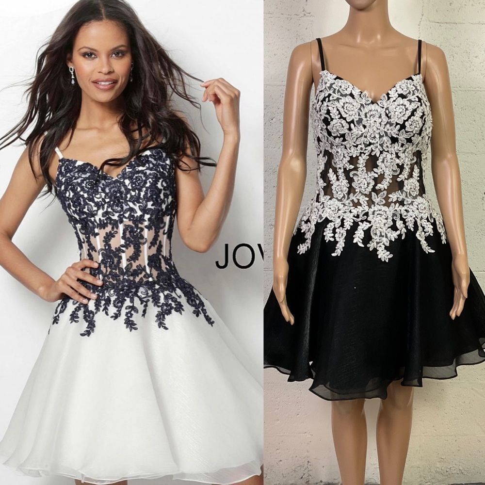 NEW JOVANI Style: 65718 black ivory lace embroidered bodice chiffon mini dress 4